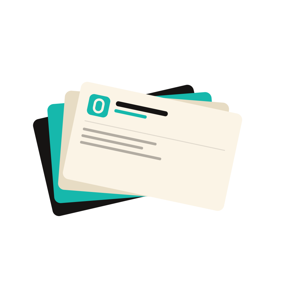 Flat illustration of a fanned stack of business cards in turquoise, cream and black — Prep To Print NZ