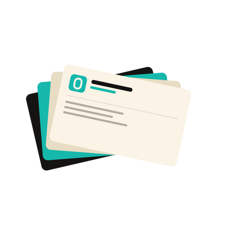 Flat illustration of a fanned stack of business cards in turquoise, cream and black — Prep To Print NZ